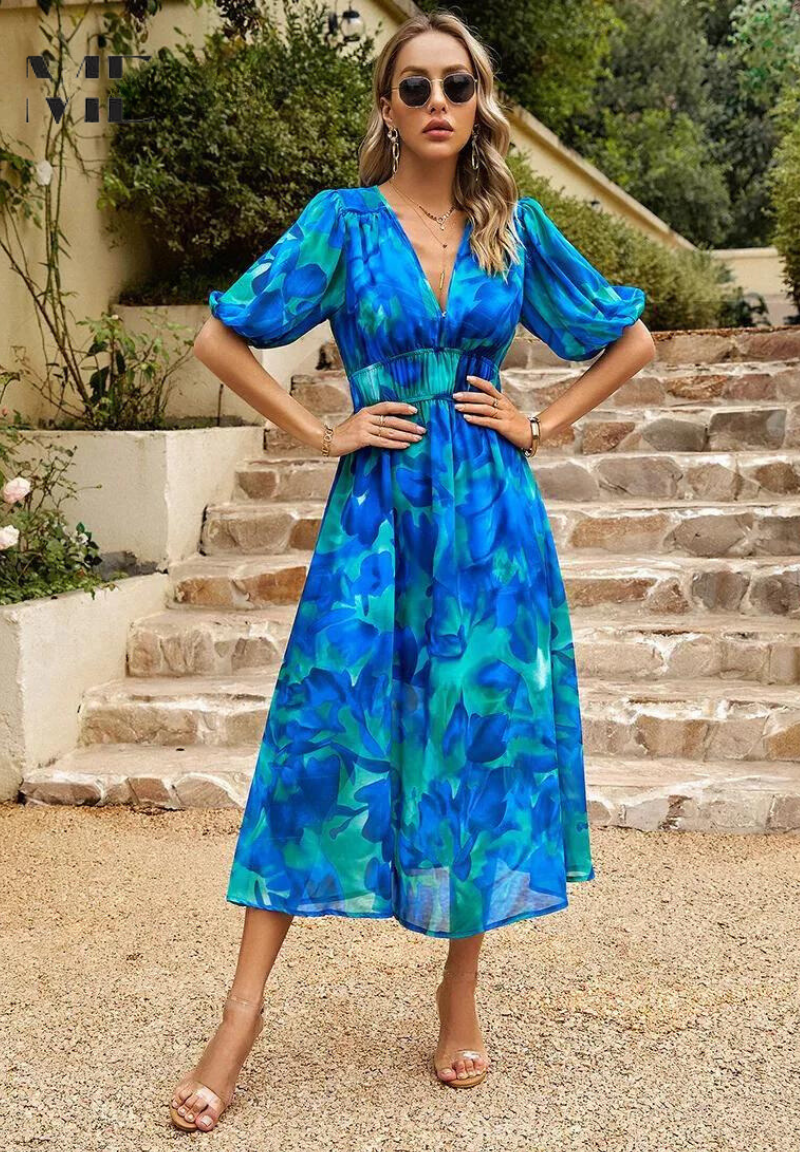 Women’s Floral Print Midi Dress with V - Neck and Short Puff Sleeves