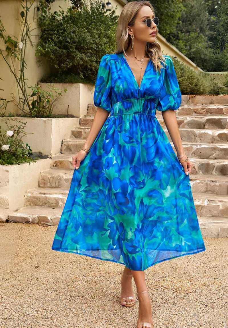 Women’s Floral Print Midi Dress with V - Neck and Short Puff Sleeves