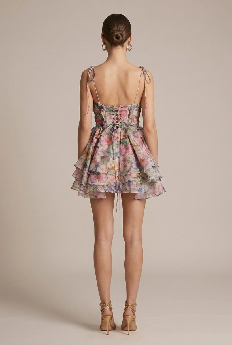 Women's Floral Print Tiered Mini Dress - Tie Straps Bustier