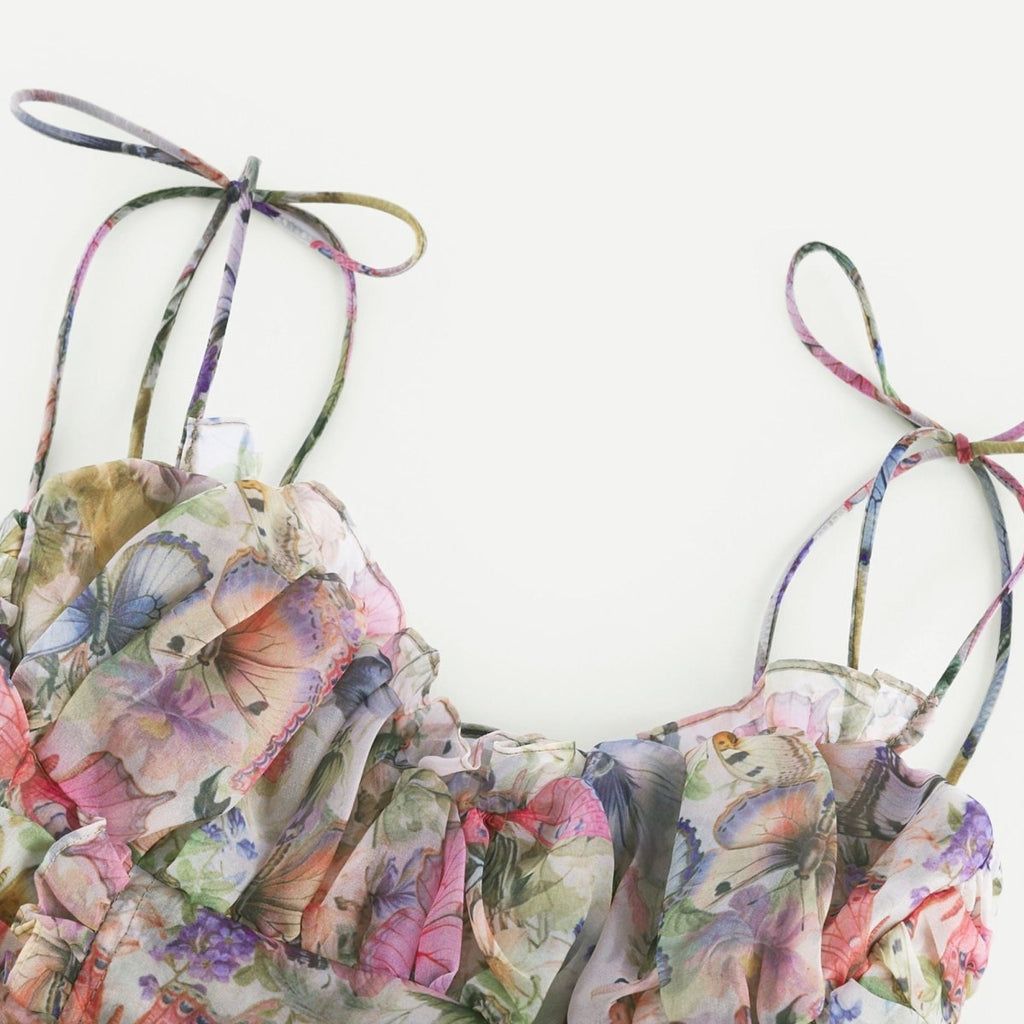 Women's Floral Print Tiered Mini Dress - Tie Straps Bustier