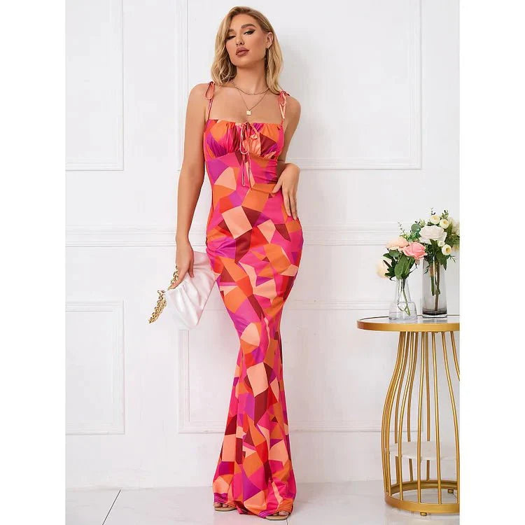 Women’s Floral Strap Maxi Dress with Fitted Waist