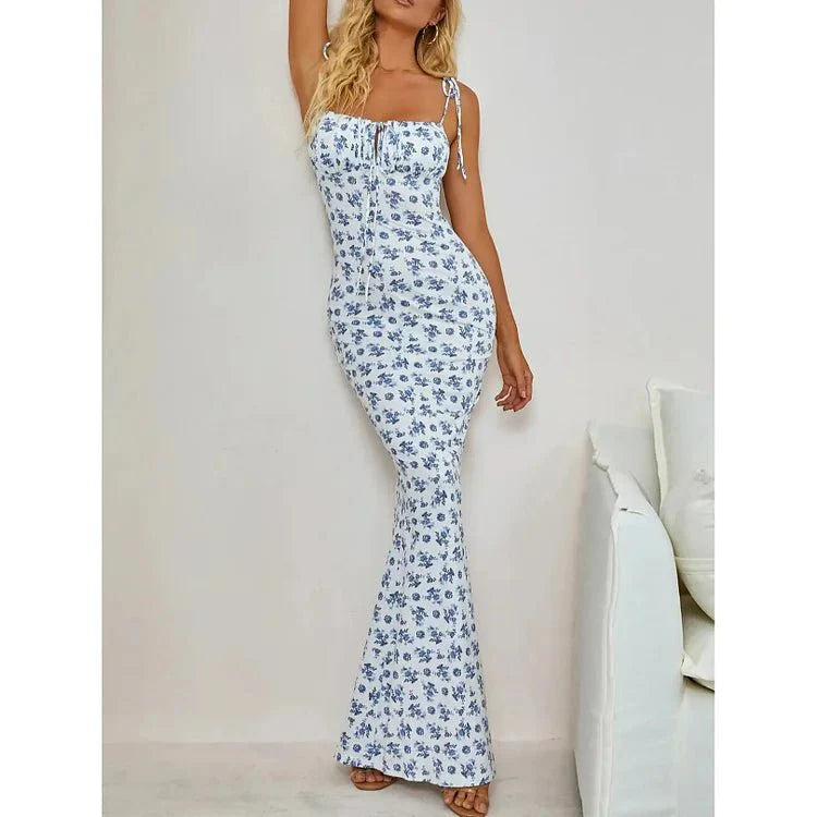 Women’s Floral Strap Maxi Dress with Fitted Waist