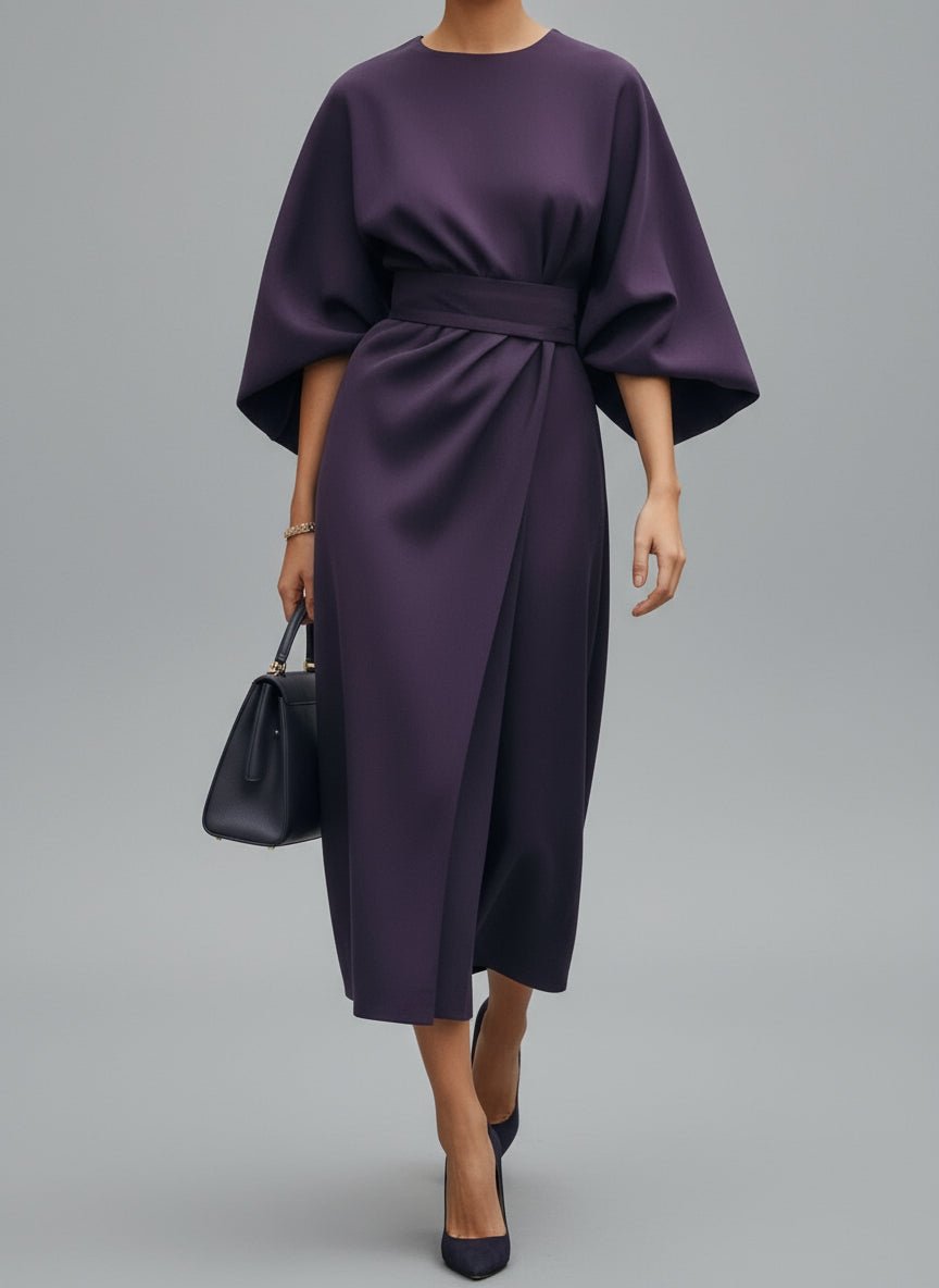 Women’s Flowy Belted Maxi Dress – Elegant Wide - Sleeve Design