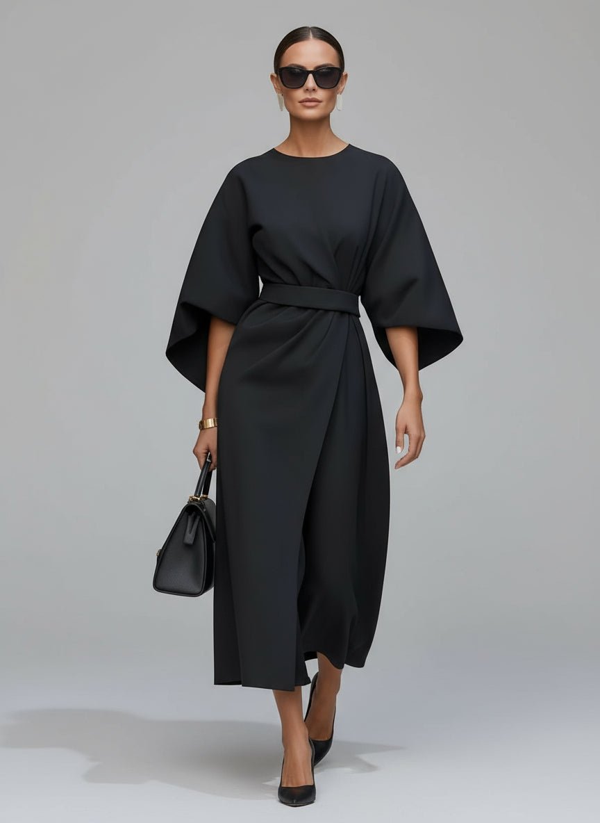 Women’s Flowy Belted Maxi Dress – Elegant Wide - Sleeve Design