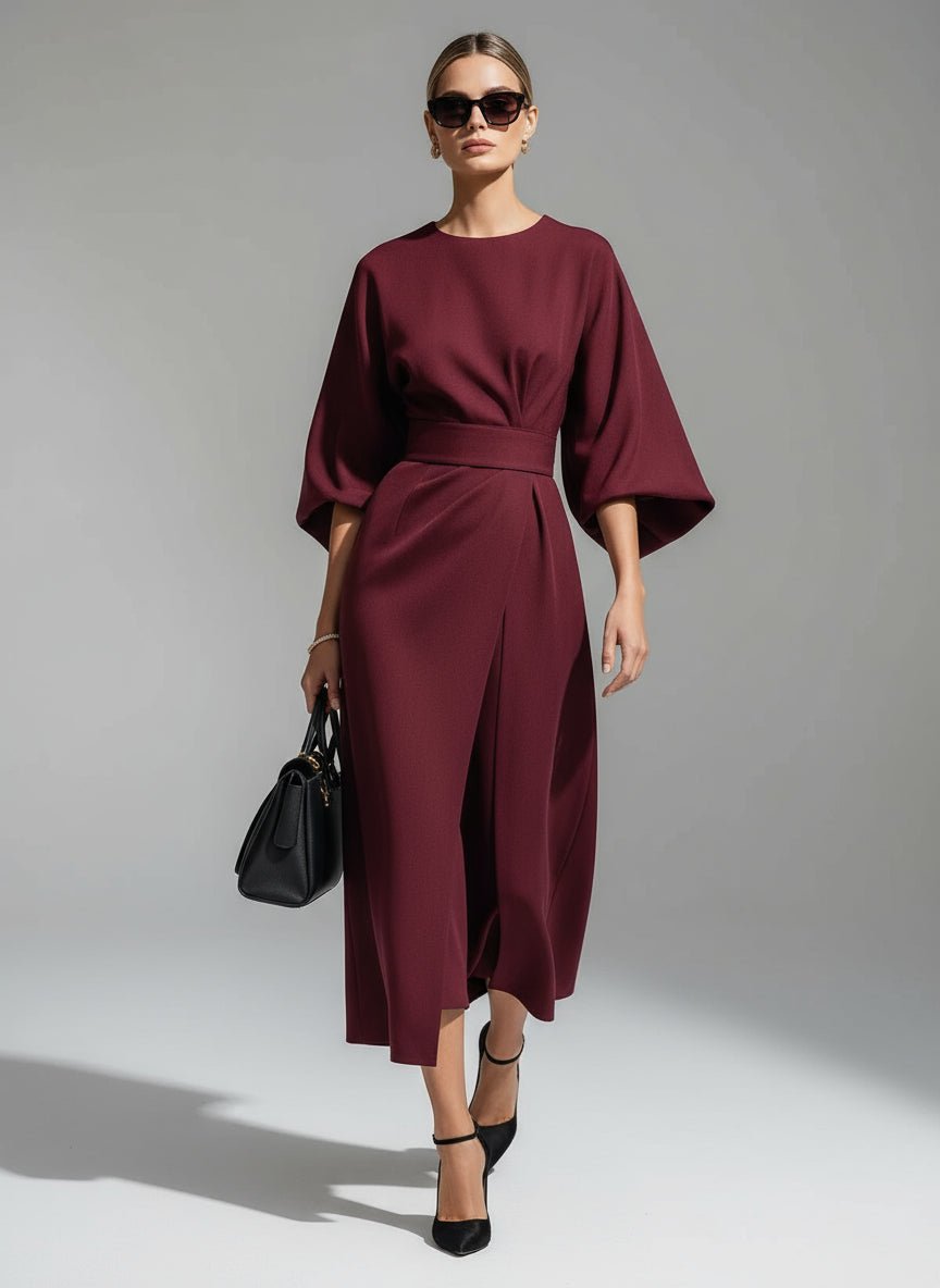 Women’s Flowy Belted Maxi Dress – Elegant Wide - Sleeve Design