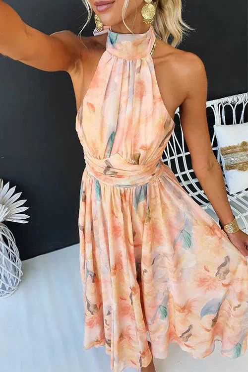 Women’s Halter Neck Maxi Dress with Pleated Skirt and Printed Finish
