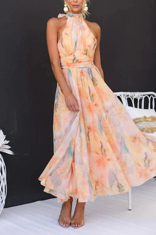 Women’s Halter Neck Maxi Dress with Pleated Skirt and Printed Finish