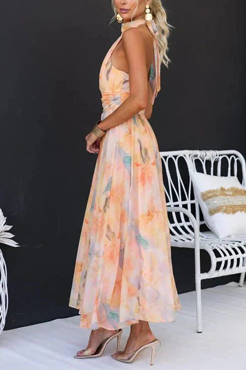 Women’s Halter Neck Maxi Dress with Pleated Skirt and Printed Finish