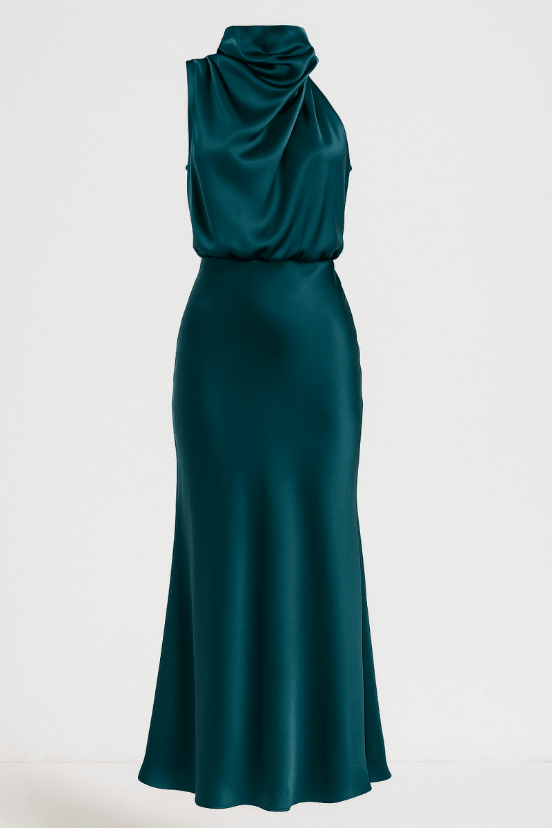 Women’s High - Neck Maxi Dress – Elegant Draped Silhouette for Evening and Formal Events