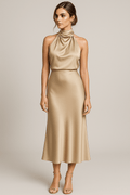 Women’s High - Neck Maxi Dress – Elegant Draped Silhouette for Evening and Formal Events