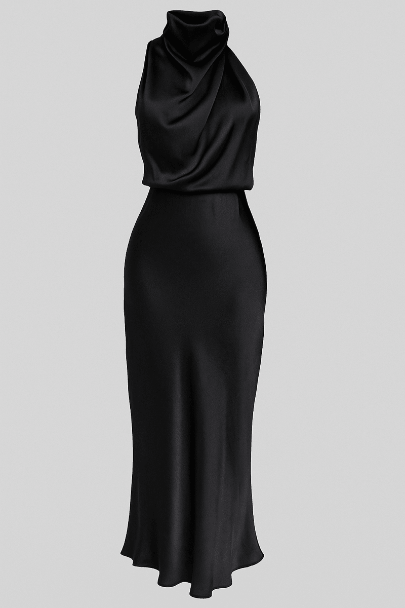 Women’s High - Neck Maxi Dress – Elegant Draped Silhouette for Evening and Formal Events