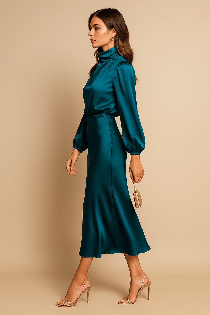 Women’s High Neck Midi Dress – Refined High - Waist Silhouette with Elegant Flow