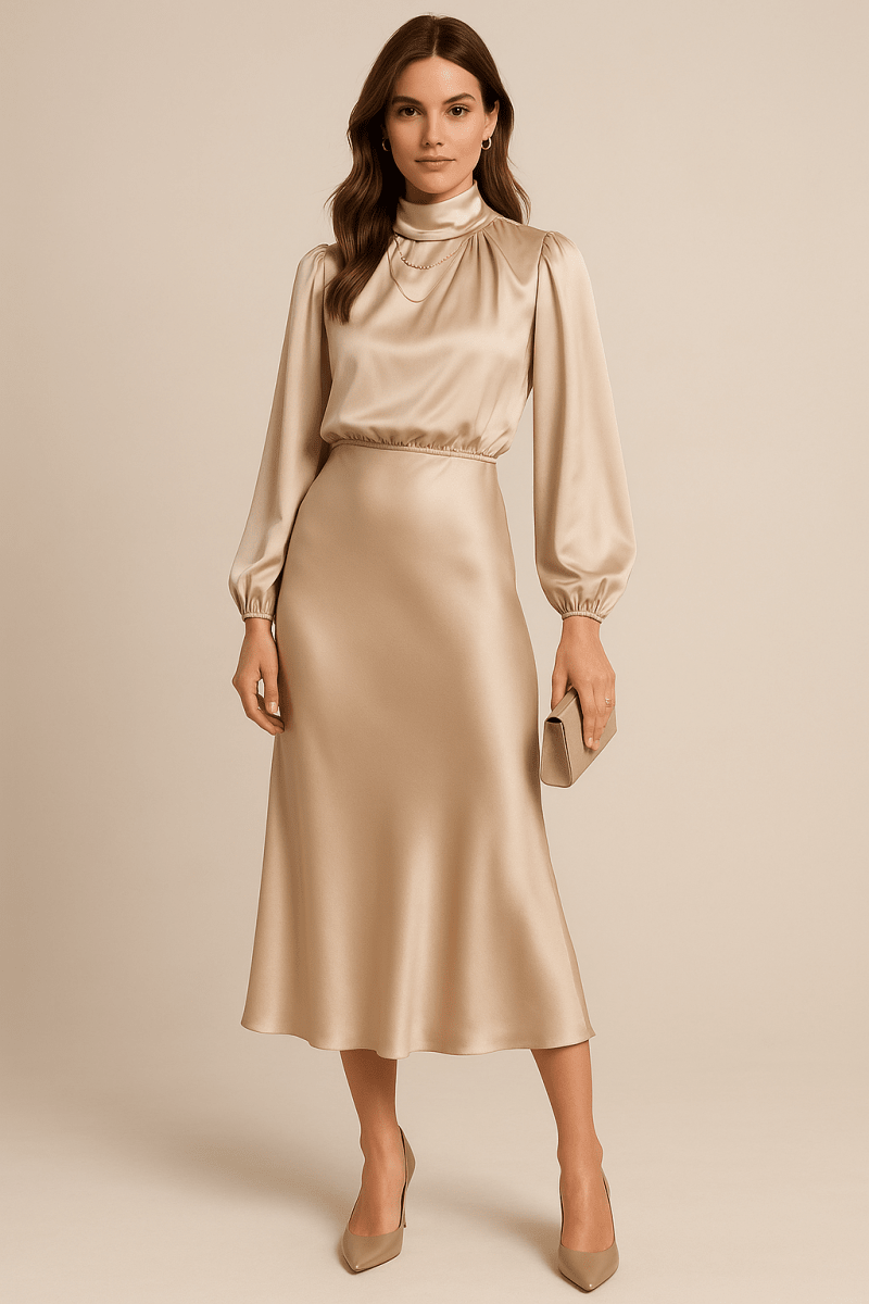 Women’s High Neck Midi Dress – Refined High - Waist Silhouette with Elegant Flow