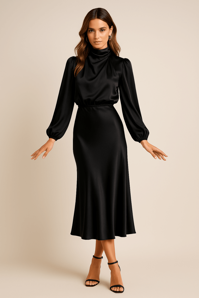 Women’s High Neck Midi Dress – Refined High - Waist Silhouette with Elegant Flow