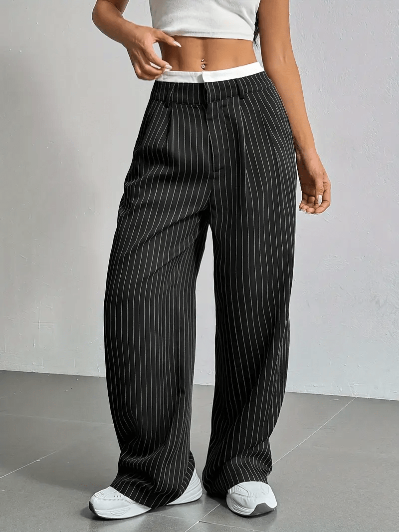 Women’s High Waist Straight Leg Pants with Vertical Stripe Pattern and Front Closure