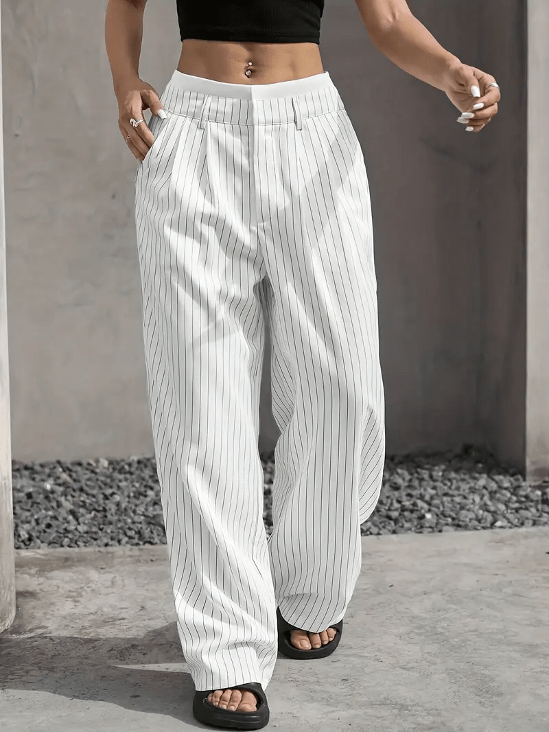 Women’s High Waist Straight Leg Pants with Vertical Stripe Pattern and Front Closure