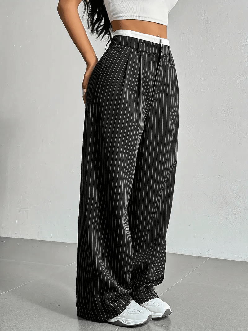 Women’s High Waist Straight Leg Pants with Vertical Stripe Pattern and Front Closure