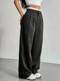 Women’s High Waist Straight Leg Pants with Vertical Stripe Pattern and Front Closure