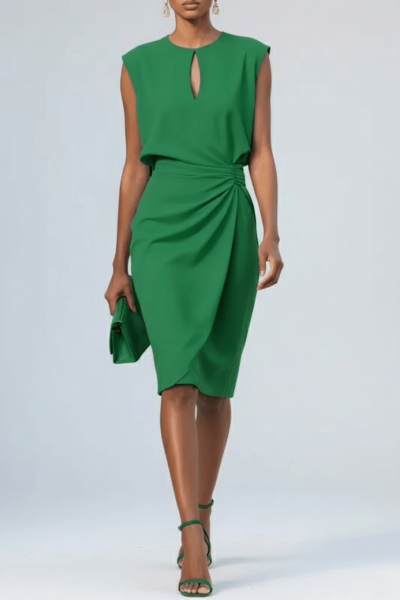 Women’s Keyhole Neck Midi Dress – Elegant Ruched Waist Silhouette