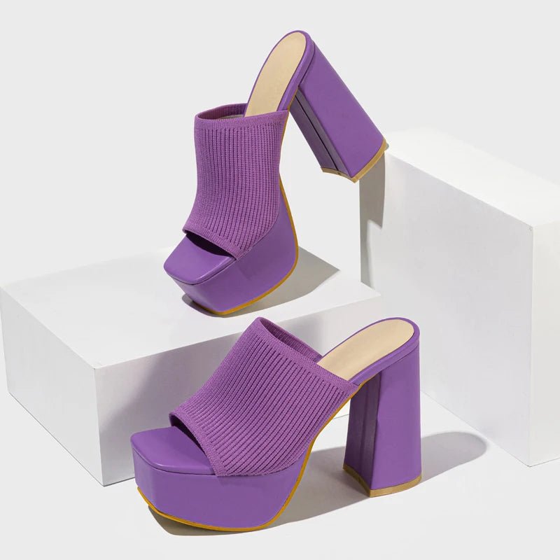 Women’s Knit Strap Platform Mule Heels – Open Toe Block Heel Slip - On Sandals