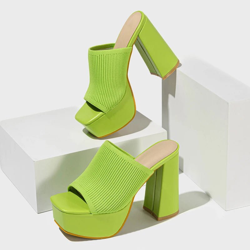 Women’s Knit Strap Platform Mule Heels – Open Toe Block Heel Slip - On Sandals