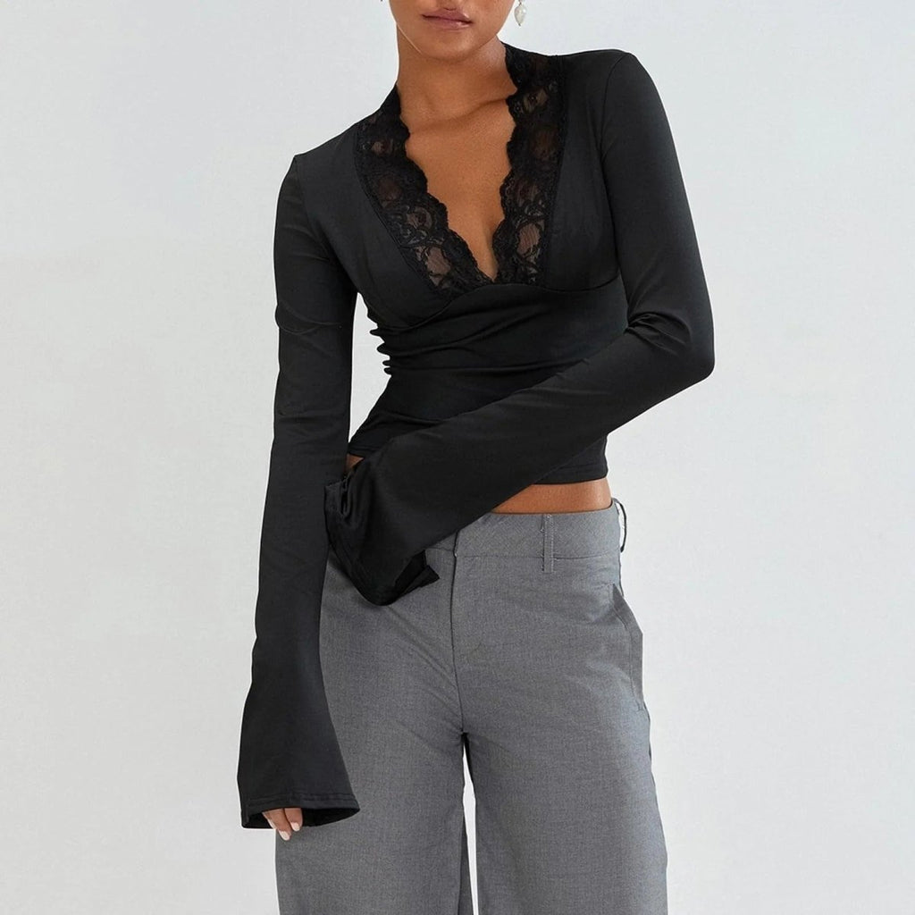 Women’s Lace Bell Sleeve Top with V - Neck Silhouette for Elegant Styling
