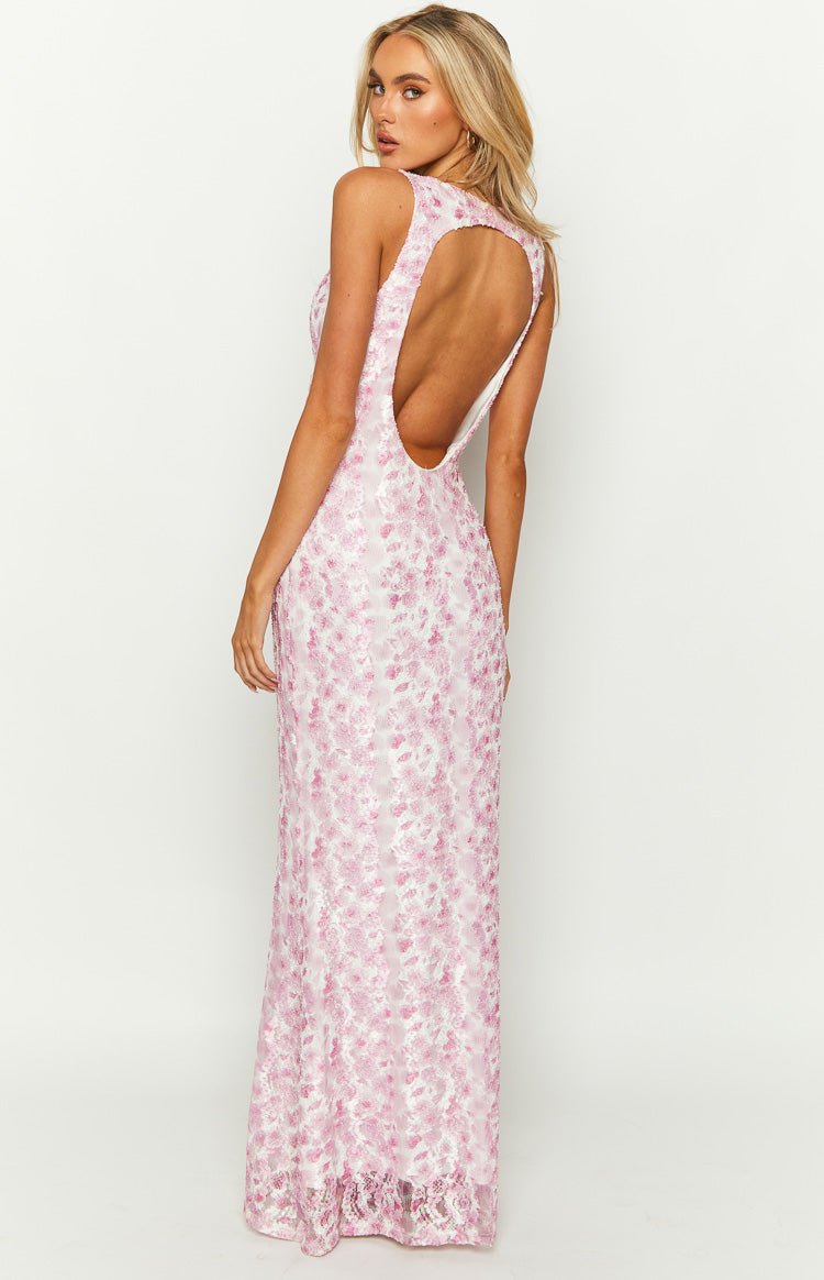 Women’s Lace Maxi Dress with V - Neck and Open Back – Wedding Guest Dress