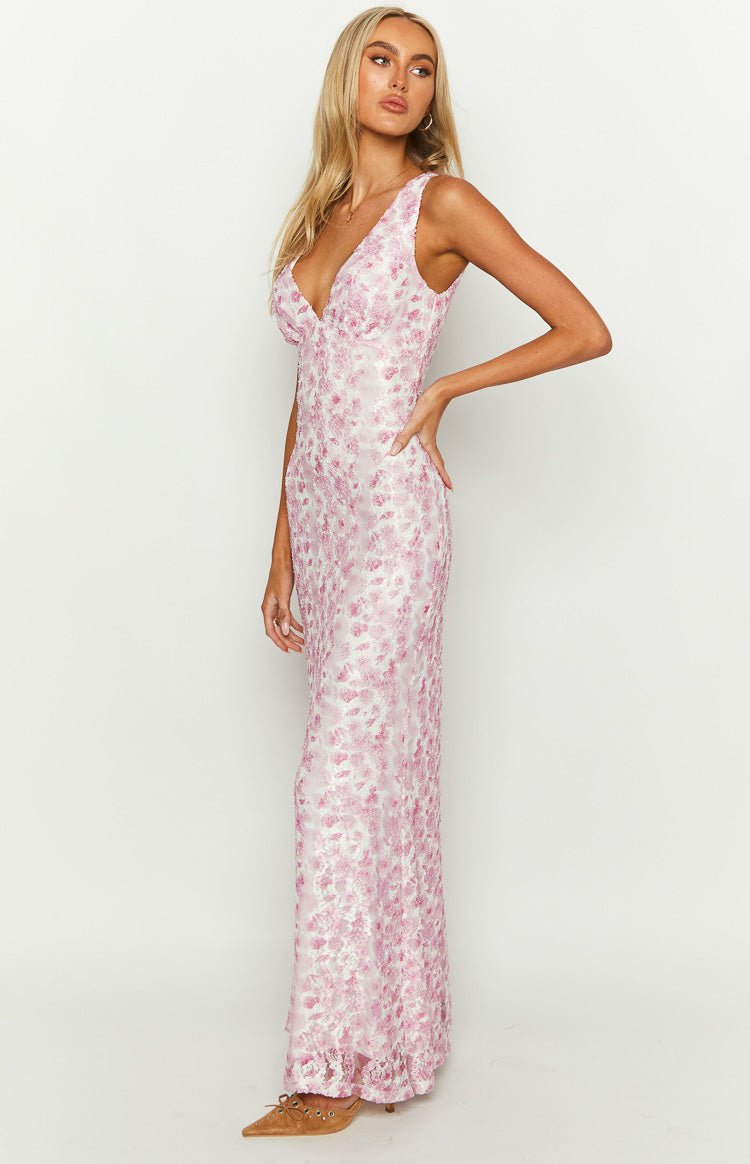 Women’s Lace Maxi Dress with V - Neck and Open Back – Wedding Guest Dress