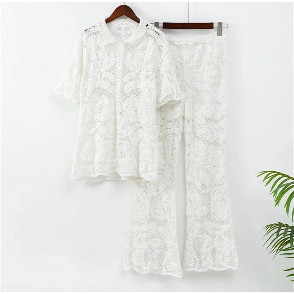 Women’s Lace Two - Piece Set with Short Sleeve Top and Wide - Leg Pants
