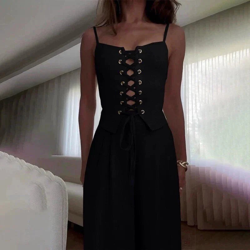 Women’s Lace - Up Corset Top and Wide Leg Pants Set
