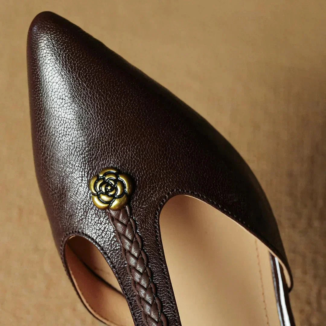 Women’s Leather T - Strap Sandals with Braided Detail and Block Heel