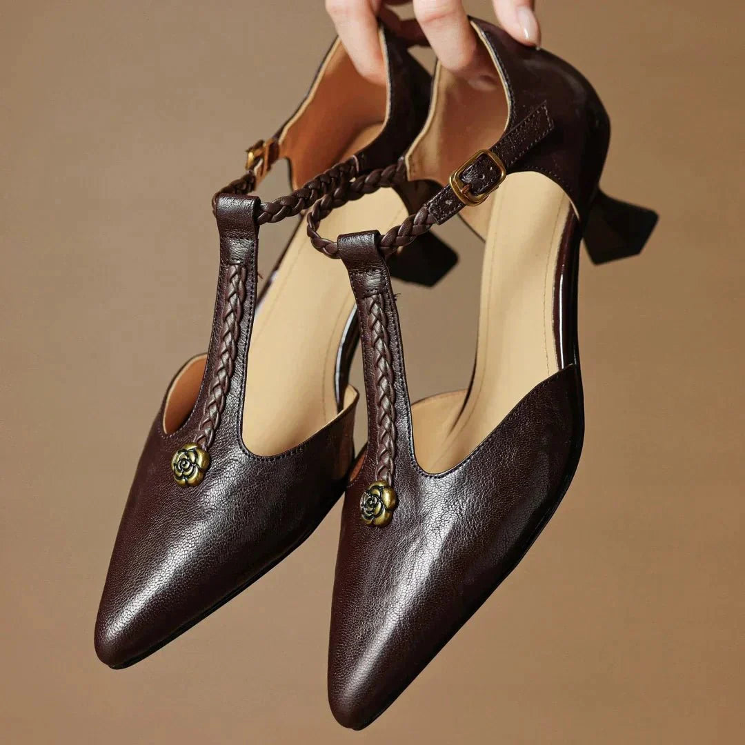 Women’s Leather T - Strap Sandals with Braided Detail and Block Heel