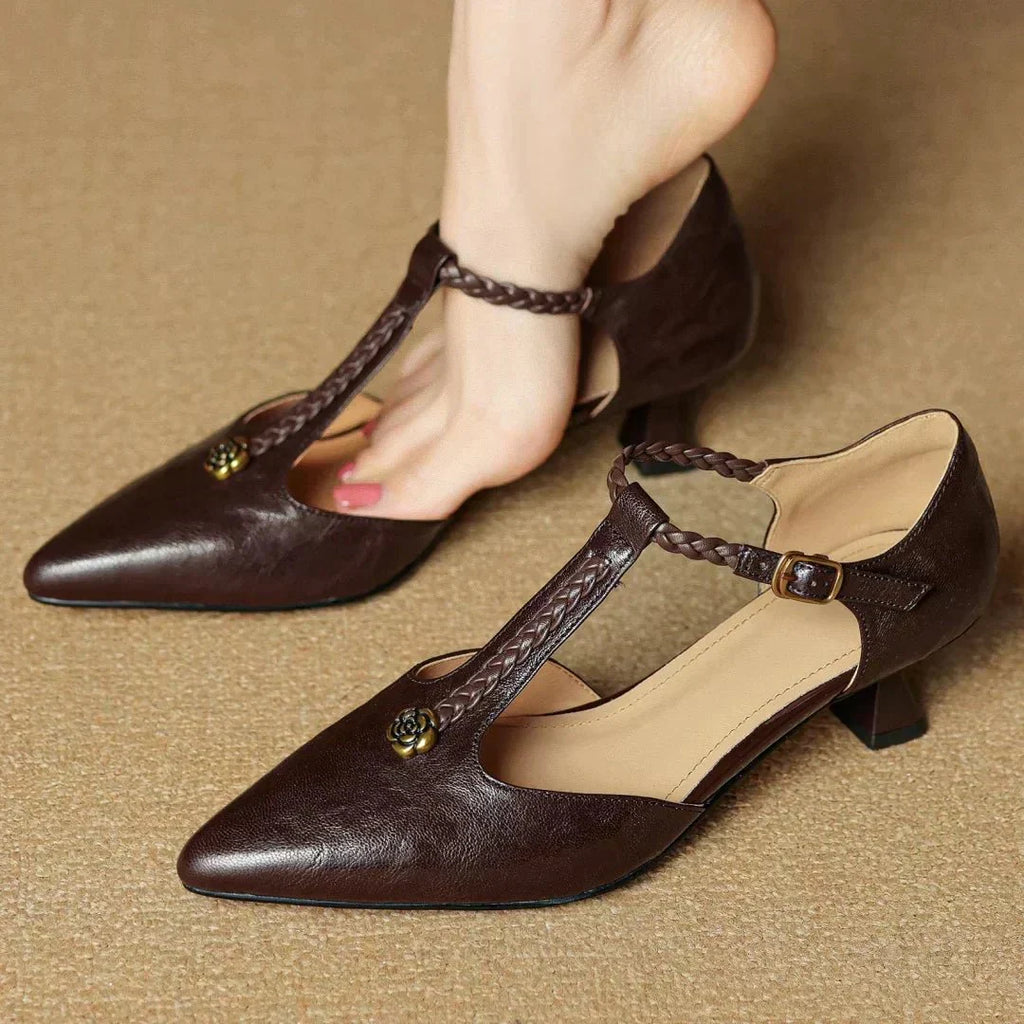 Women’s Leather T - Strap Sandals with Braided Detail and Block Heel