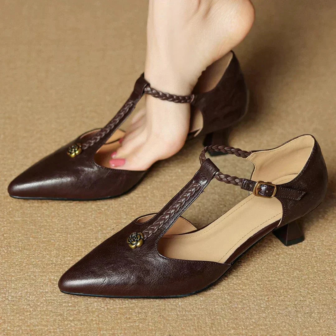Women’s Leather T - Strap Sandals with Braided Detail and Block Heel