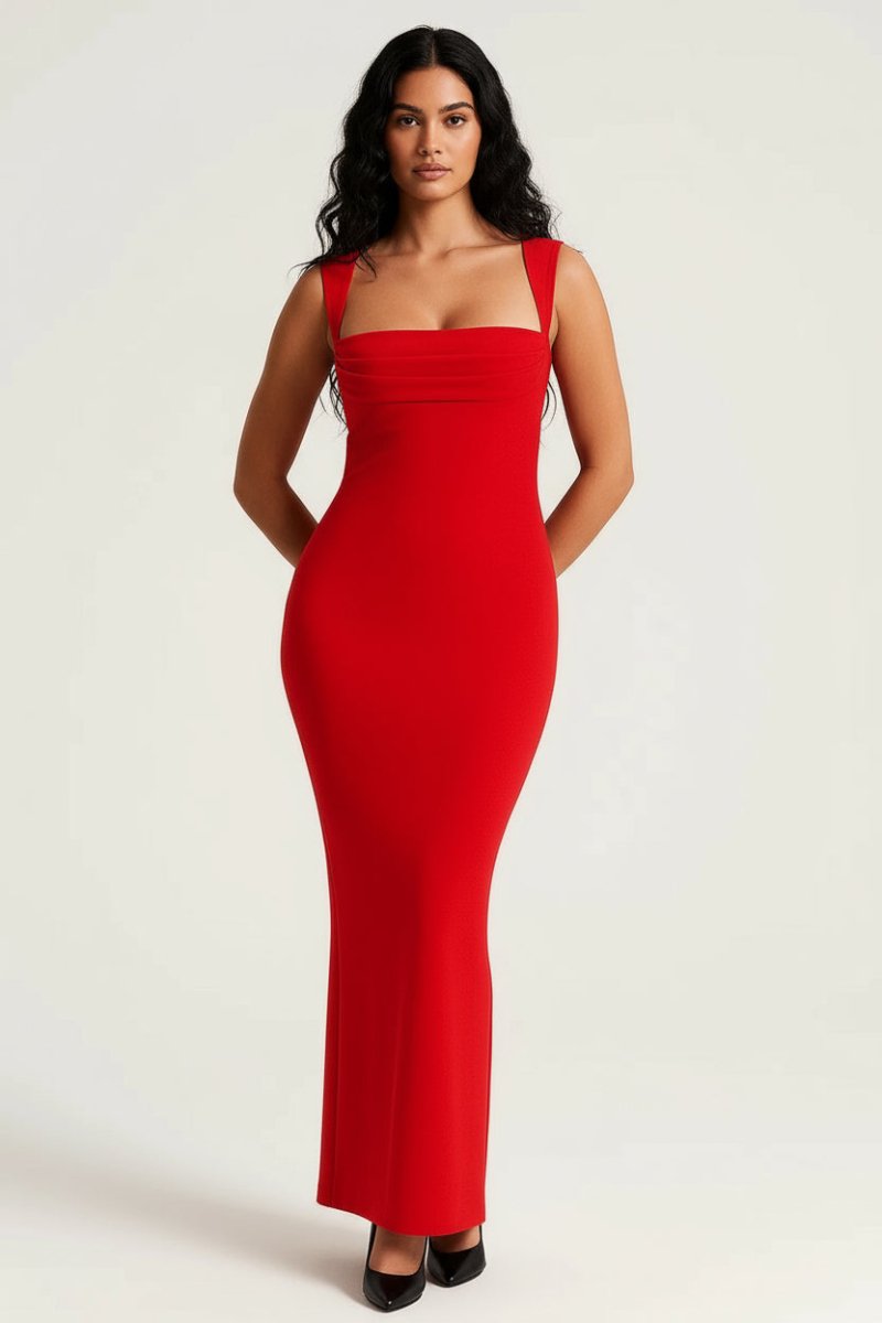 Women’s Long Bodycon Maxi Dress – Square Neckline and Figure - Hugging Silhouette