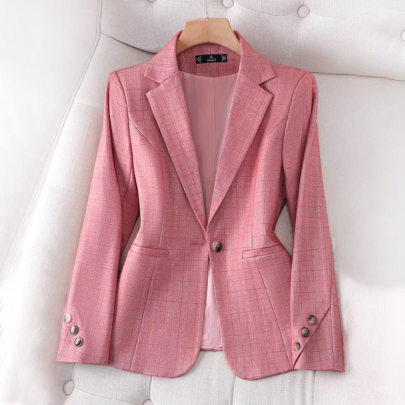 Women’s Long Sleeve Blazer with Notched Lapels and Grid Pattern