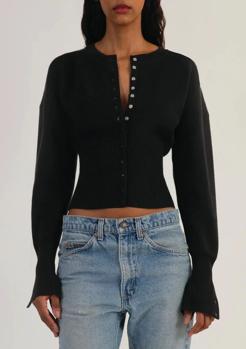 Women’s Long Sleeve Cropped Button - Front Cardigan with Ribbed Waist