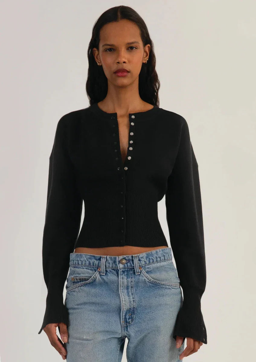 Women’s Long Sleeve Cropped Button - Front Cardigan with Ribbed Waist