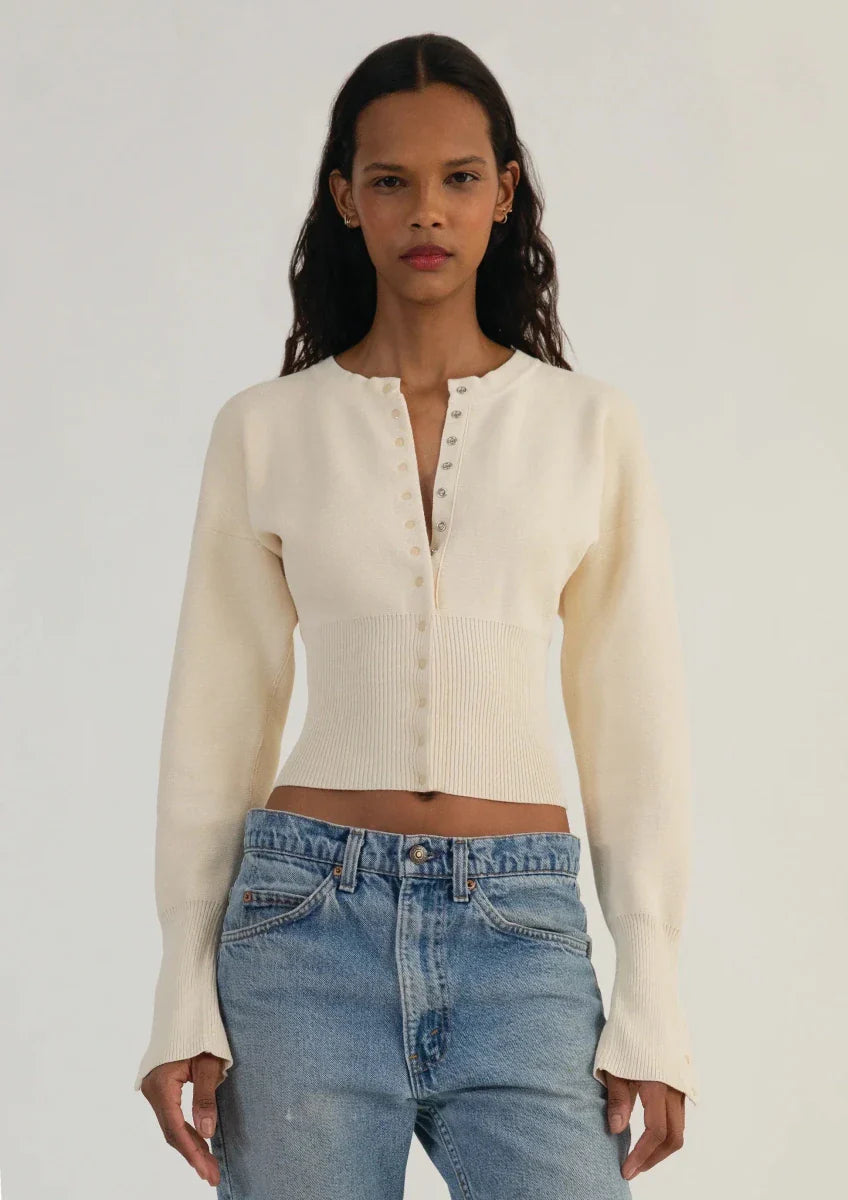 Women’s Long Sleeve Cropped Button - Front Cardigan with Ribbed Waist