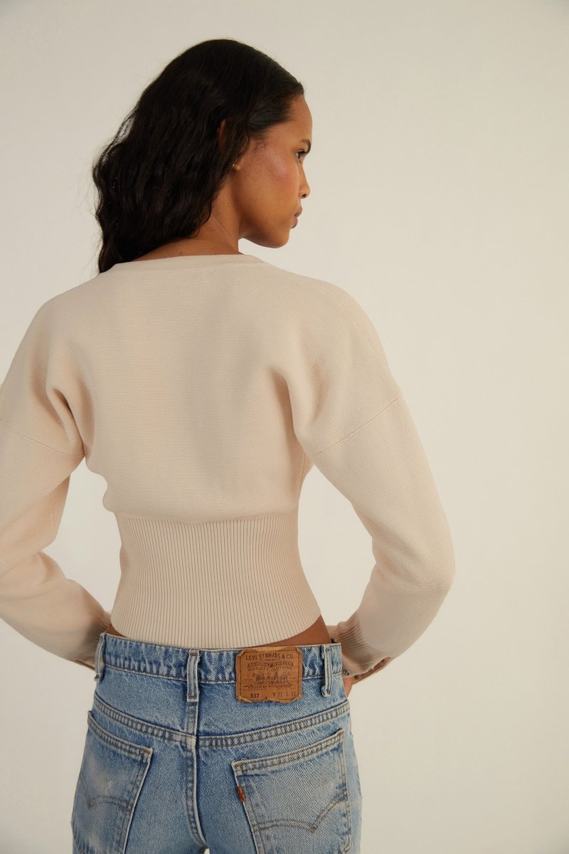 Women’s Long Sleeve Cropped Button - Front Cardigan with Ribbed Waist