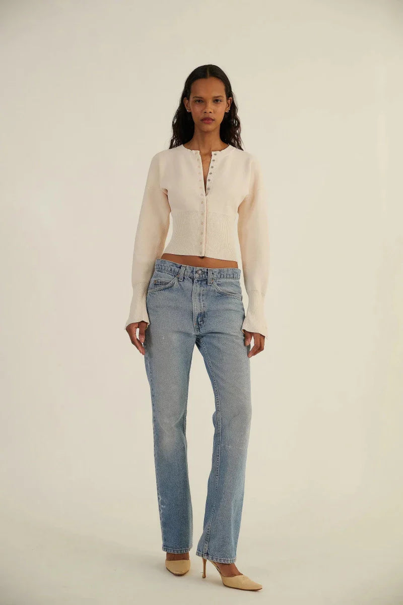 Women’s Long Sleeve Cropped Button - Front Cardigan with Ribbed Waist
