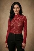 Women’s Long Sleeve High Neck Lace Blouse with Floral Pattern