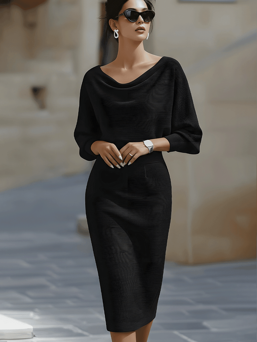 Women’s Long Sleeve Midi Dress with Draped Neckline and Batwing Sleeves