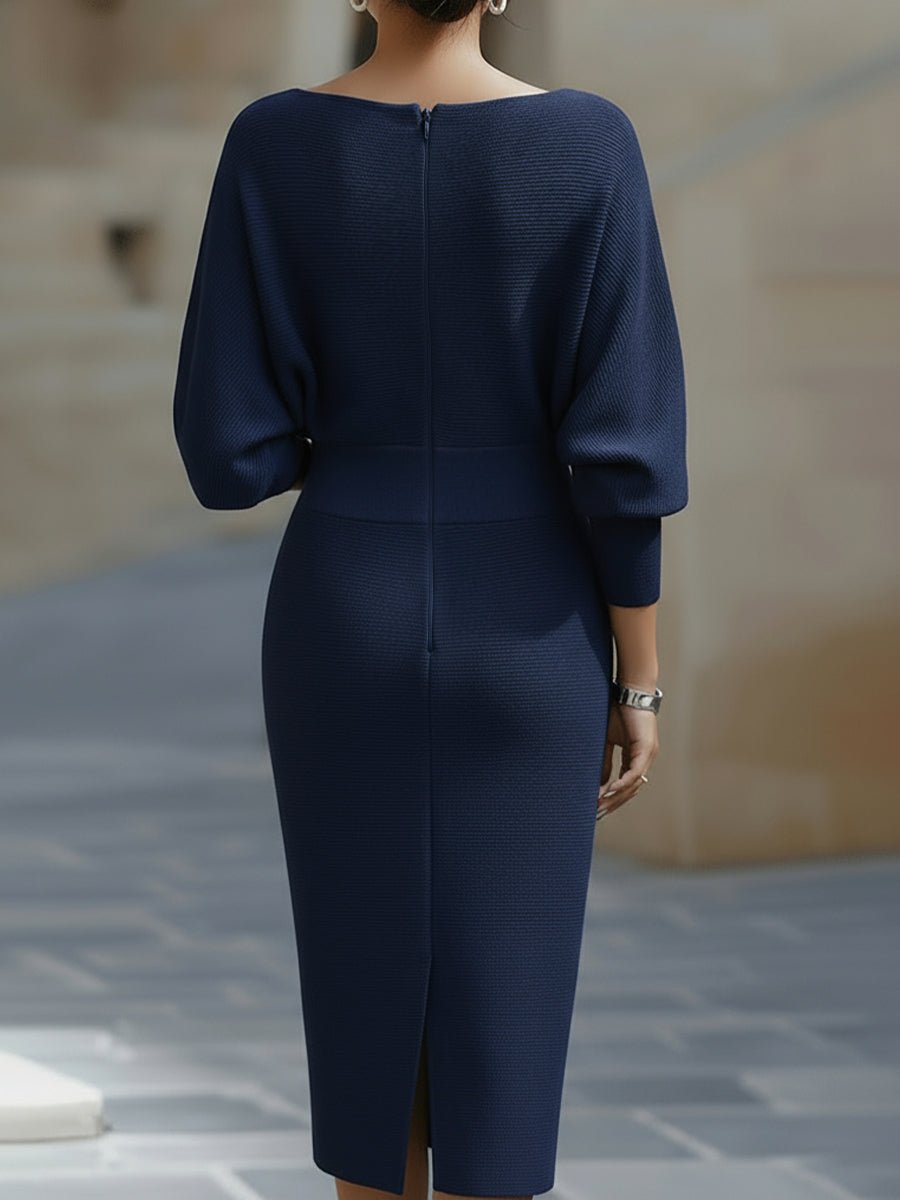 Women’s Long Sleeve Midi Dress with Draped Neckline and Batwing Sleeves