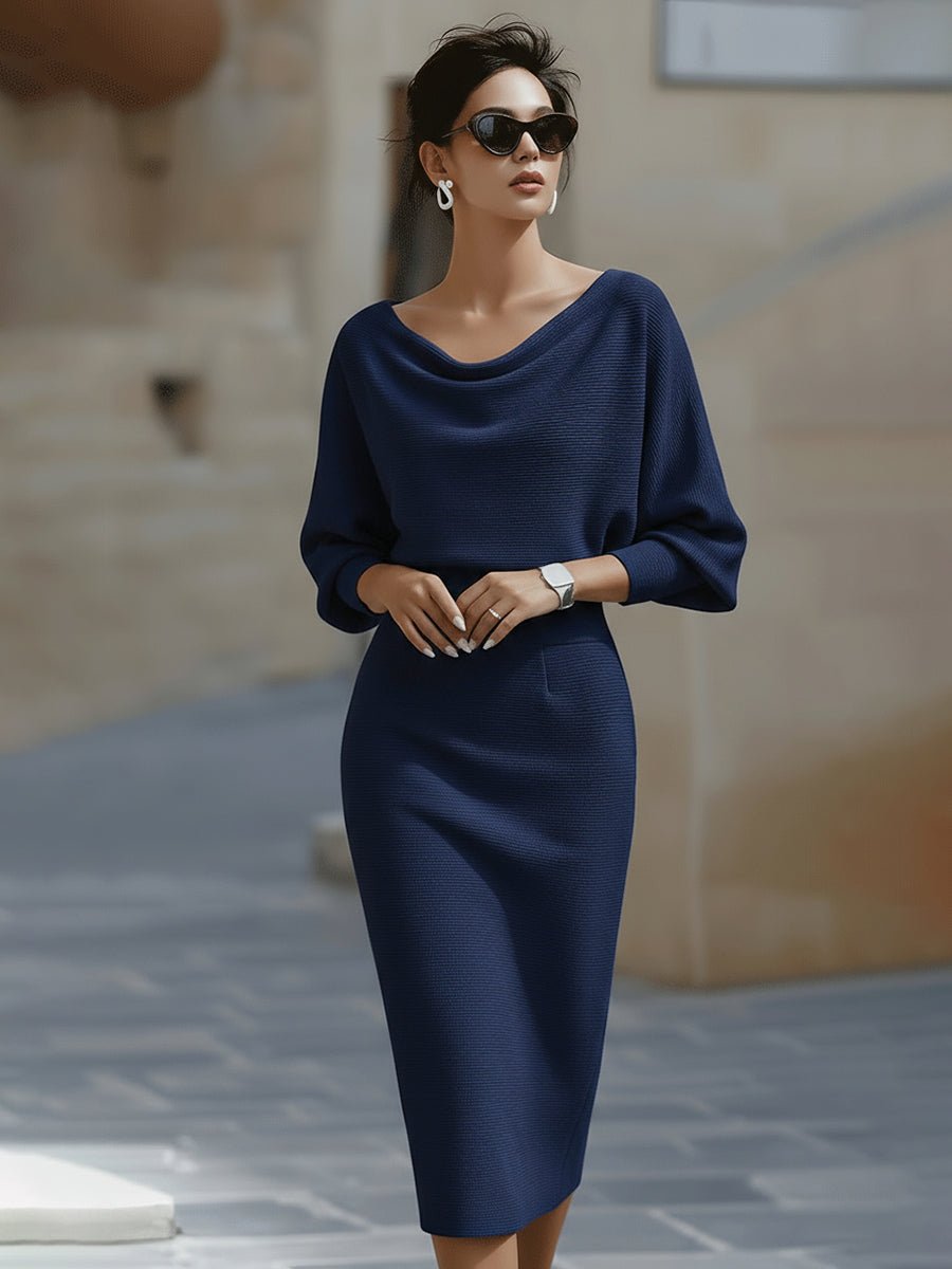 Women’s Long Sleeve Midi Dress with Draped Neckline and Batwing Sleeves