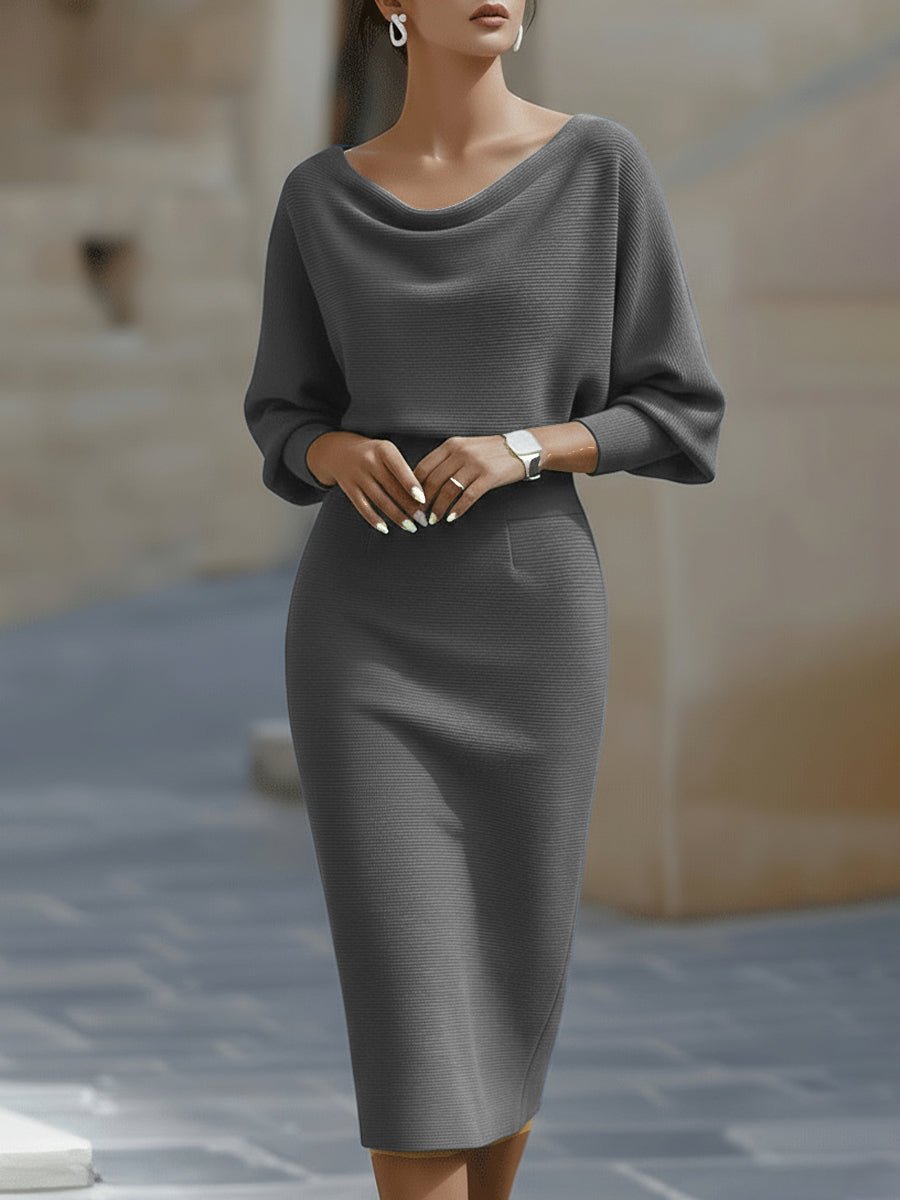 Women’s Long Sleeve Midi Dress with Draped Neckline and Batwing Sleeves