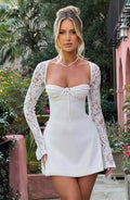 Women’s Long Sleeve Mini Dress with Lace Sleeves and Tie - Front Bodice