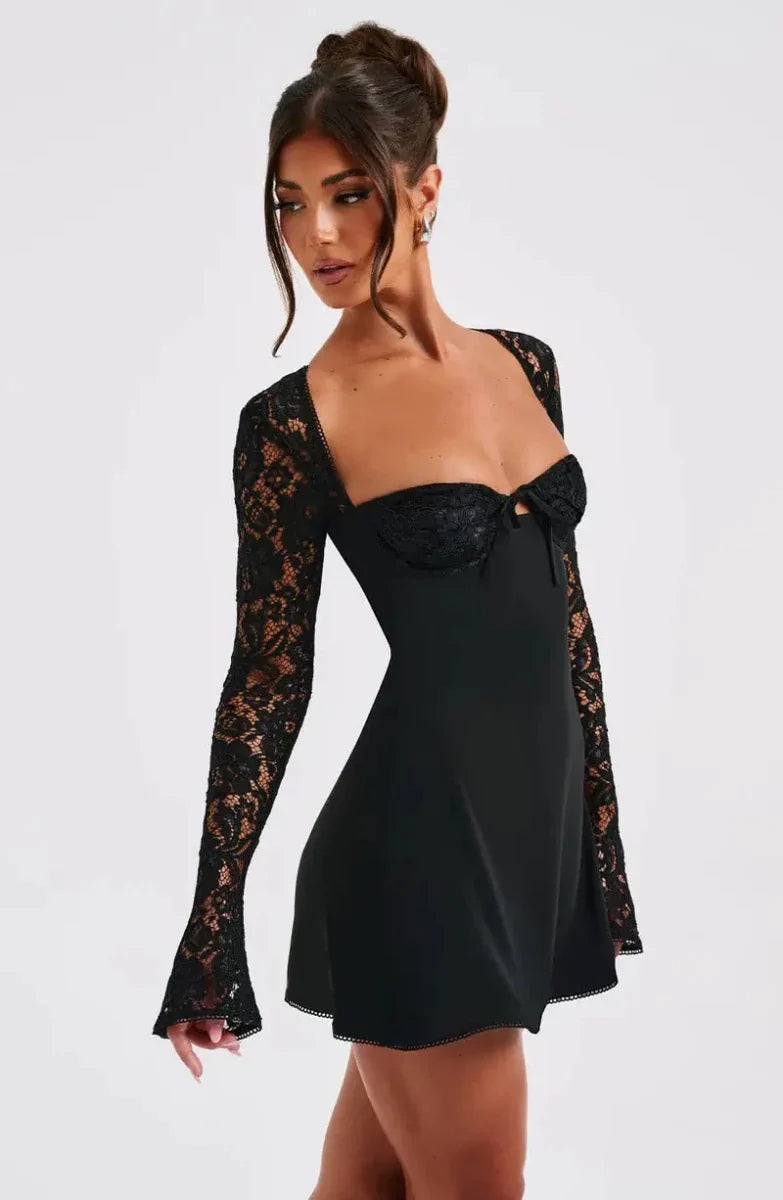 Women’s Long Sleeve Mini Dress with Lace Sleeves and Tie - Front Bodice