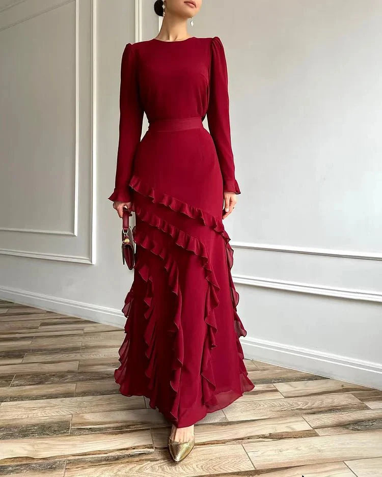 Women’s Long Sleeve Ruffle Maxi Dress Two Piece Set