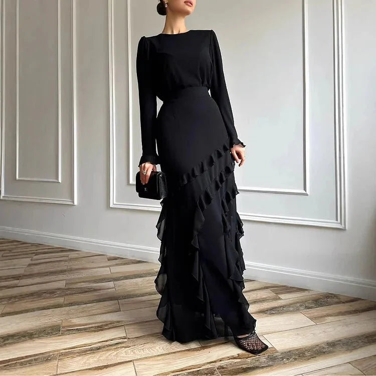 Women’s Long Sleeve Ruffle Maxi Dress Two Piece Set